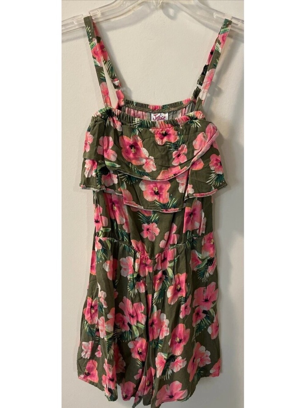 Justice Girls Size 10 Green & Pink Floral Sleeveless Jumpsuit! A2865